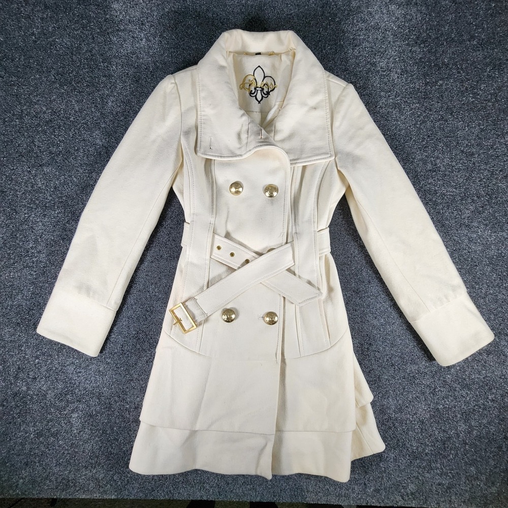 GUESS Wool Cream Gold Buttons‎ Pea Coat Women's Small With Waist Belt Formal